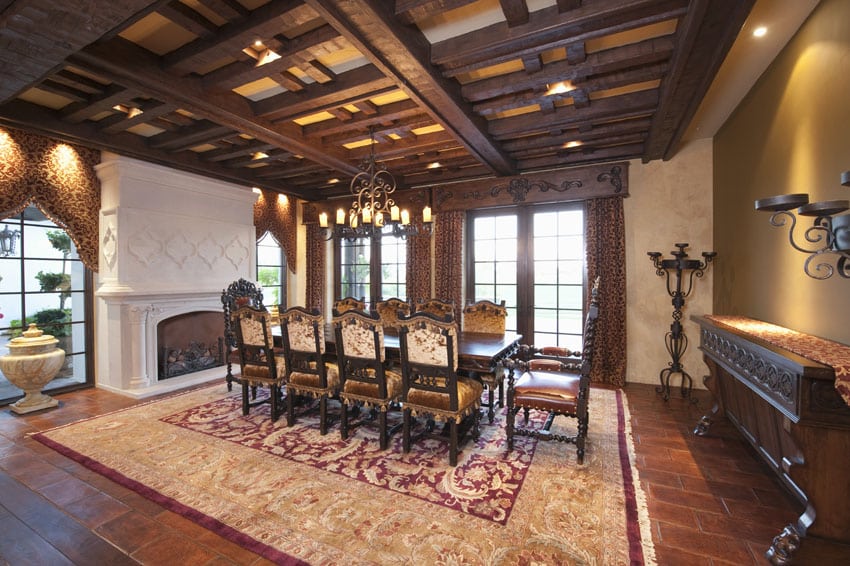 Formal dining room with fireplace and box ceiling