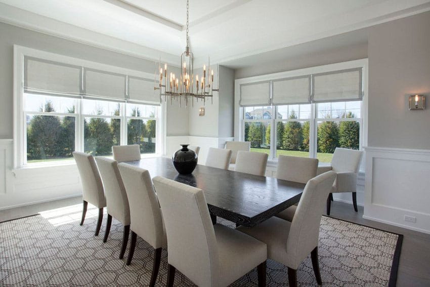 Gray and white dining room with contemporary chandelier