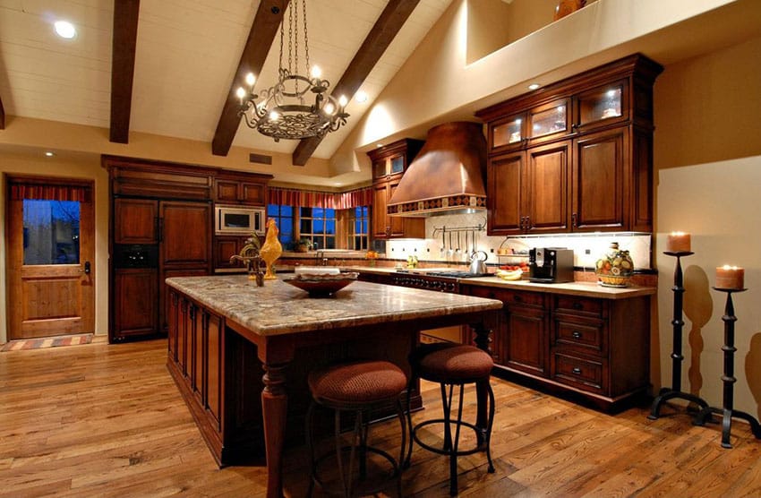 Italian kitchen with rustic metal chandelier and maple flooring