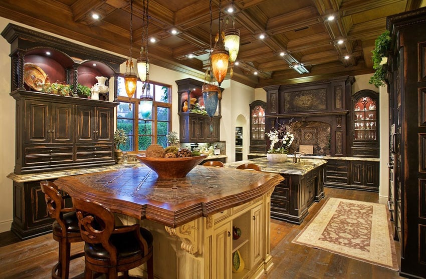 Italian style kitchen with rustic tile counter and two islands