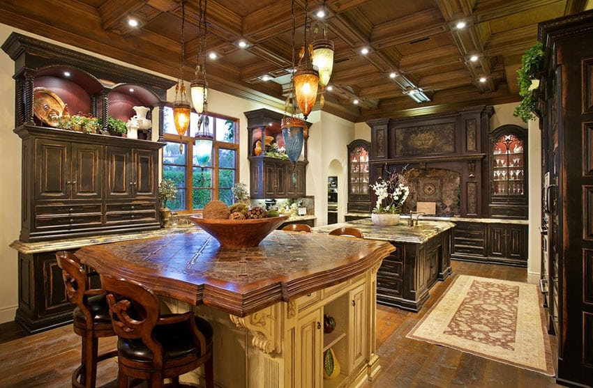 29 Elegant Tuscan Kitchen Ideas Decor Designs   Italian Style Kitchen With Rustic Tile Counter And Two Islands 