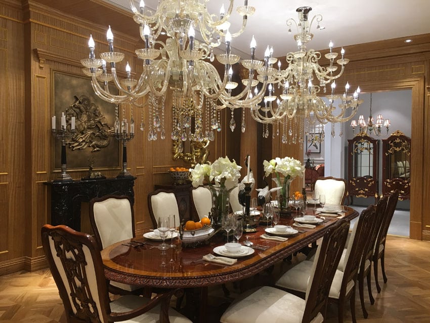 Luxury formal dining room with two chandeliers