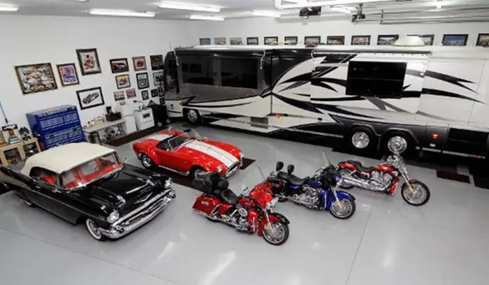 Garage with RV, classic cars and motorcycles