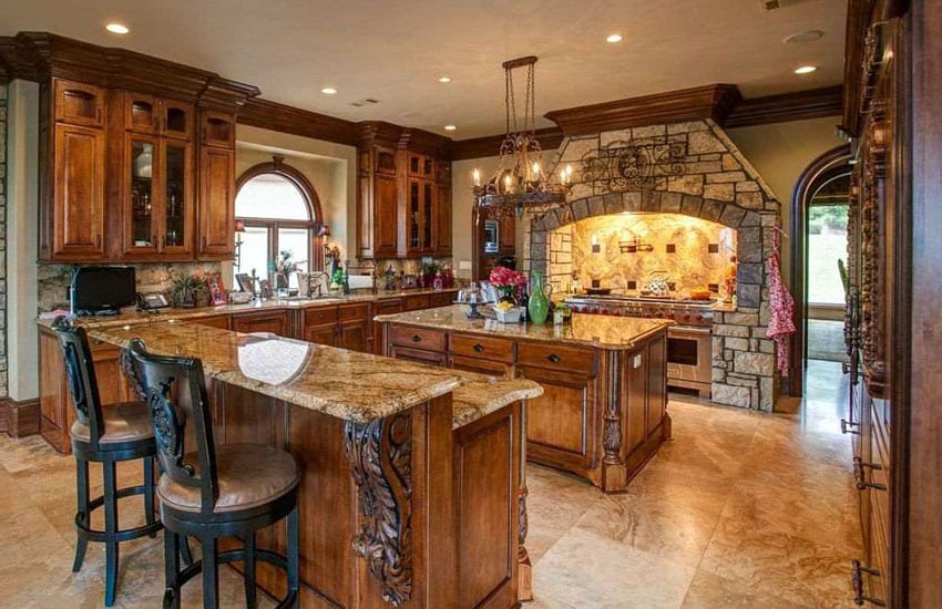 Kitchen with stone oven decorative wood cabinets and wrought iron chandelier