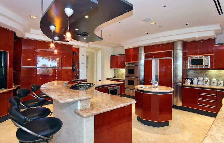 modern-kitchen-with-red-gloss-cabinets-breakfast-bar-island-with-beige-granite-countertops