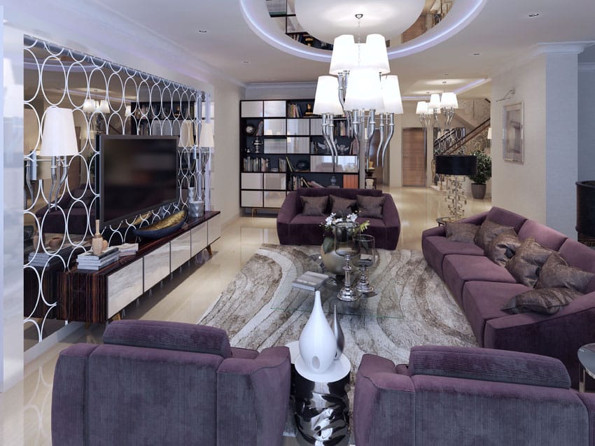 Modern purple and silver living room decor