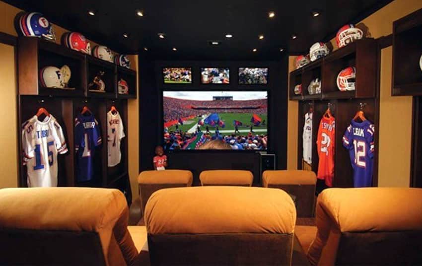 Sports jersey room with theater screen