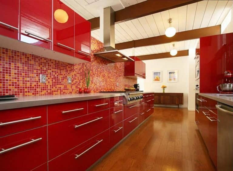 Red Modern Galley Kitchen With Mosaic Tile Backsplash 768x565 