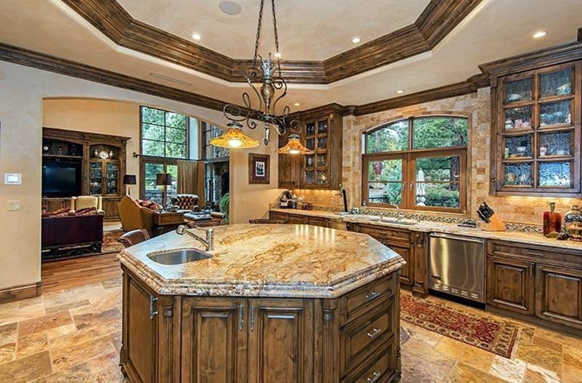 Kitchen with hickory wood design elements and octagonal shaped island