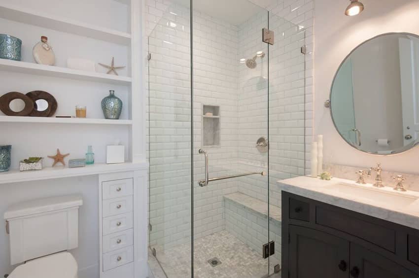 Bathroom with beach inspired decor and glass shower