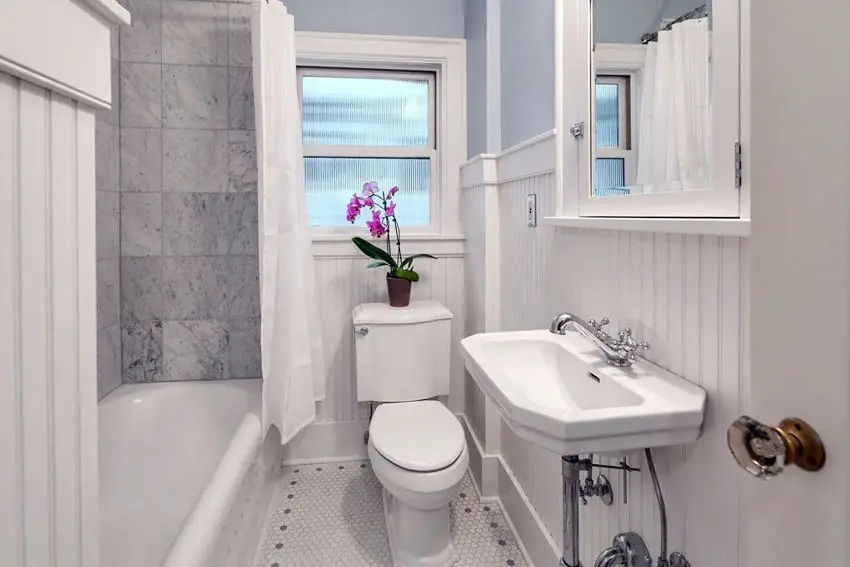 Bathroom with exposed pipes, white sink and plant on toilet