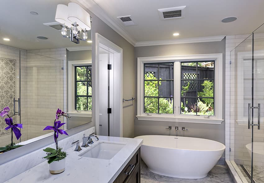 Beautiful bathroom with soft color theme and freestanding tub