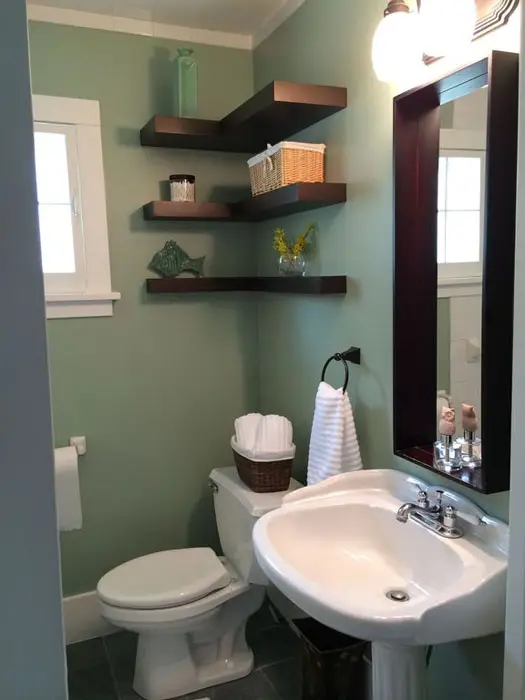 Bathroom with wood corner shelving
