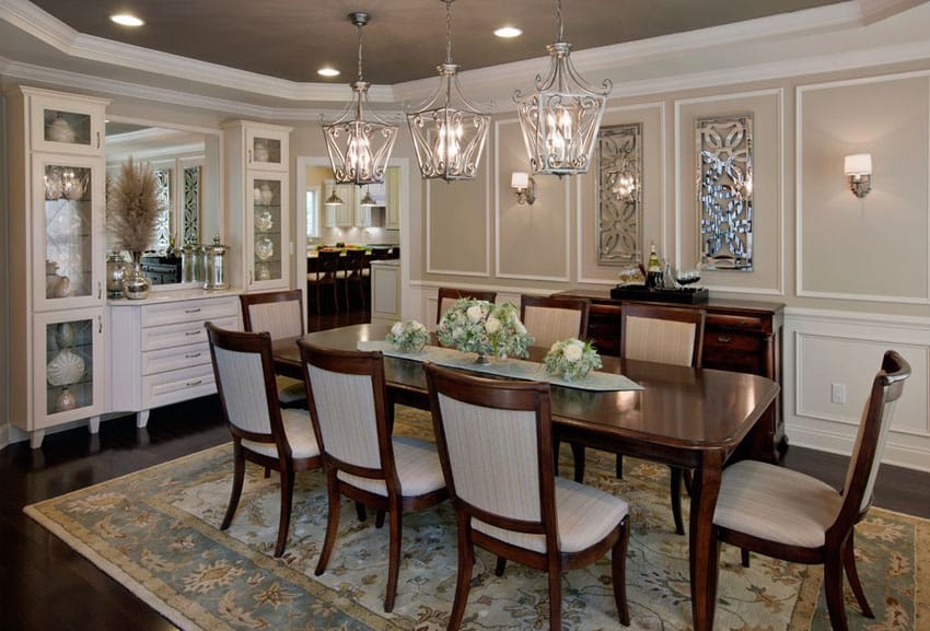 Tan and white dining room with dark wood floors