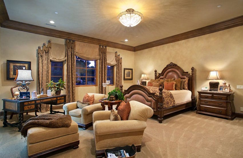 Tan bedroom with decor and wood bed