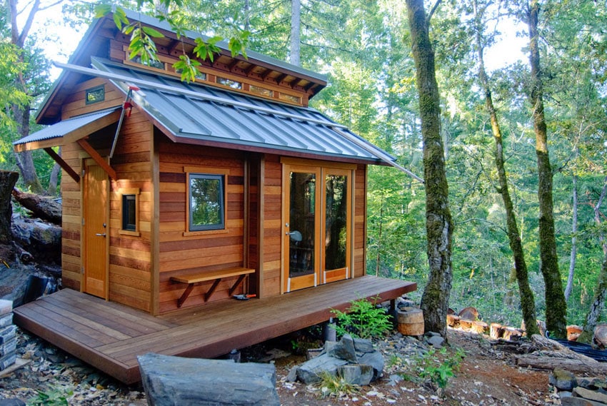 Tiny house constructed from redwood