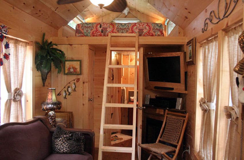 Tiny house interior with loft bed