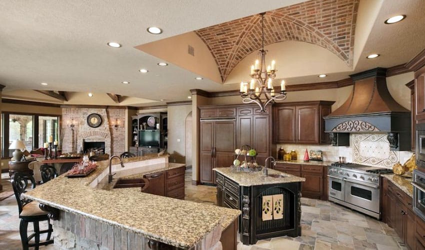 Tuscan kitchen with two islands and venetian gold granite countertops