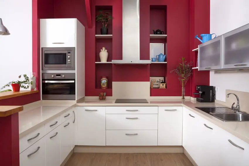 u-shaped-modern-kitchen-with-white-base-cabinets-and-painted-red-walls