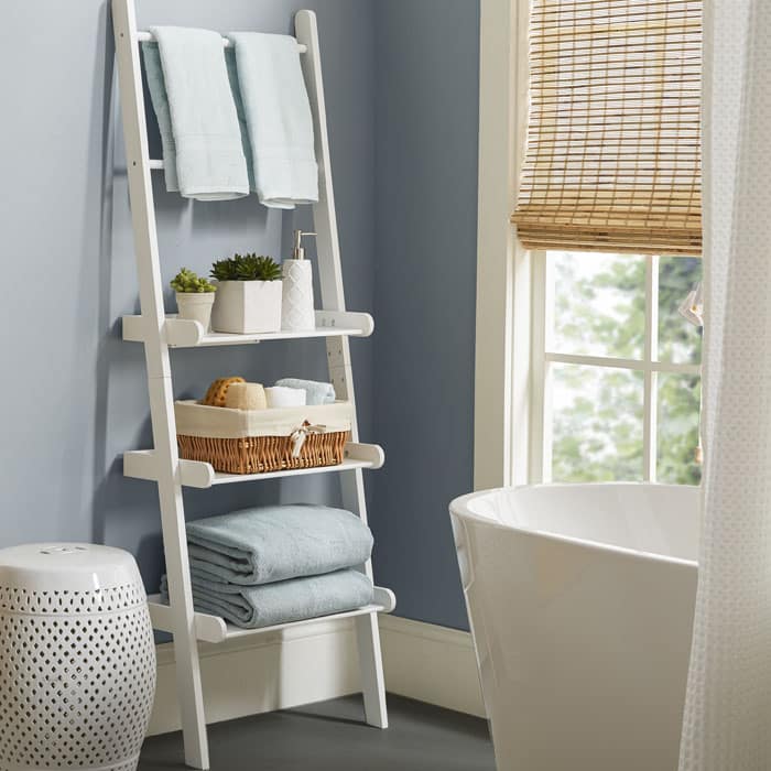 White bathroom shelf with tiered design