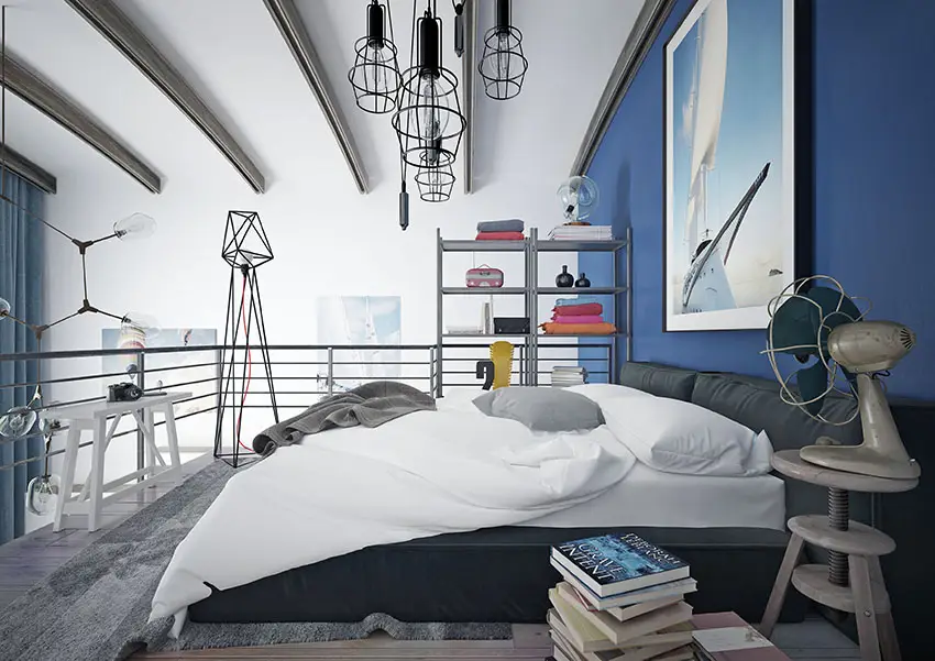 Industrial bedroom with cobalt blue bed walls with large art wall art 