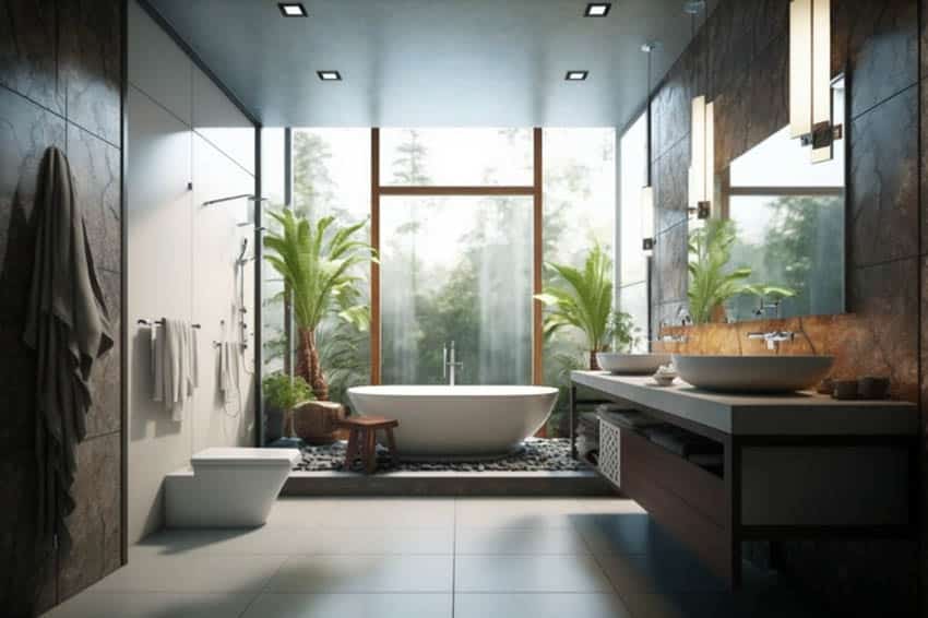 Luxury mansion bathroom with freestanding tub and picture window views
