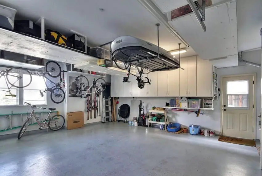 Garage with bike storage and overhead bracket racks
