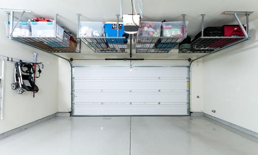 Garage with overhead ceiling storage