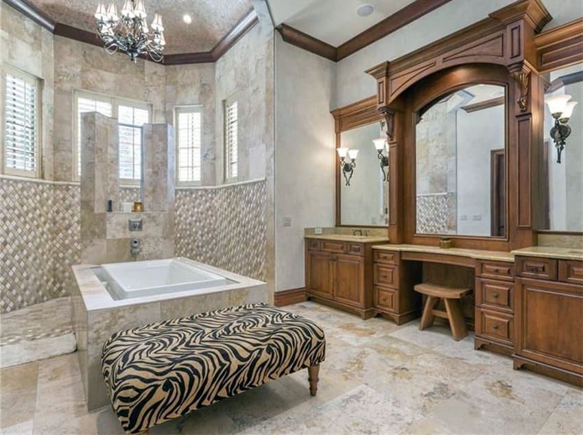 Mansion bathroom with large custom wood vanity and tile bathroom enclosure