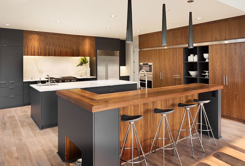 Modern kitchen with gray cabinets and wood countertops with cone shaped pendant lighting