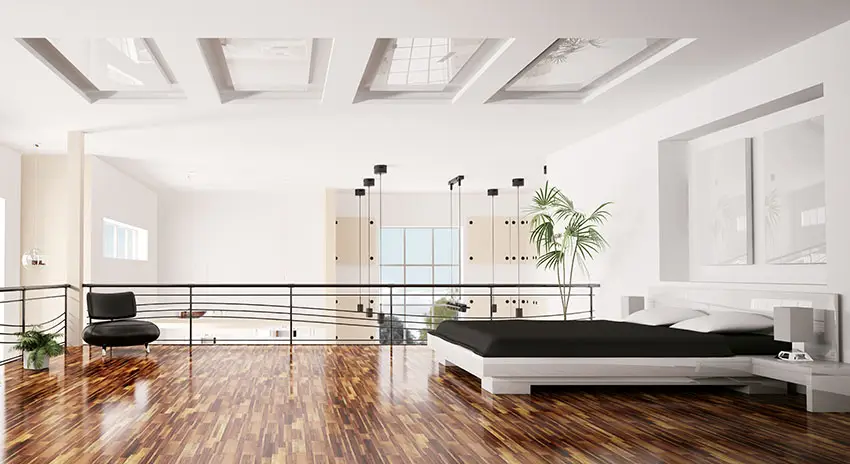 Modern loft bedroom interior with skylight ceiling