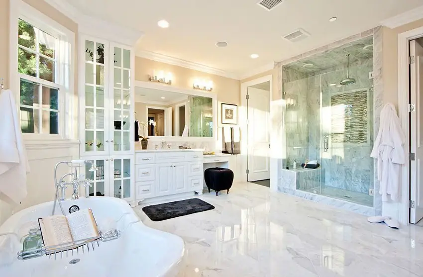 White marble bathroom with soaking tub