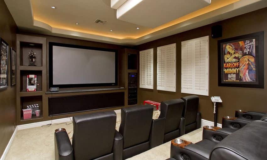 Basement media room with leather seats and projector screen
