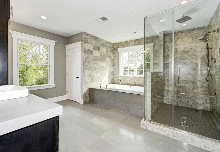 Bathroom with glass frameless shower with white travertine 