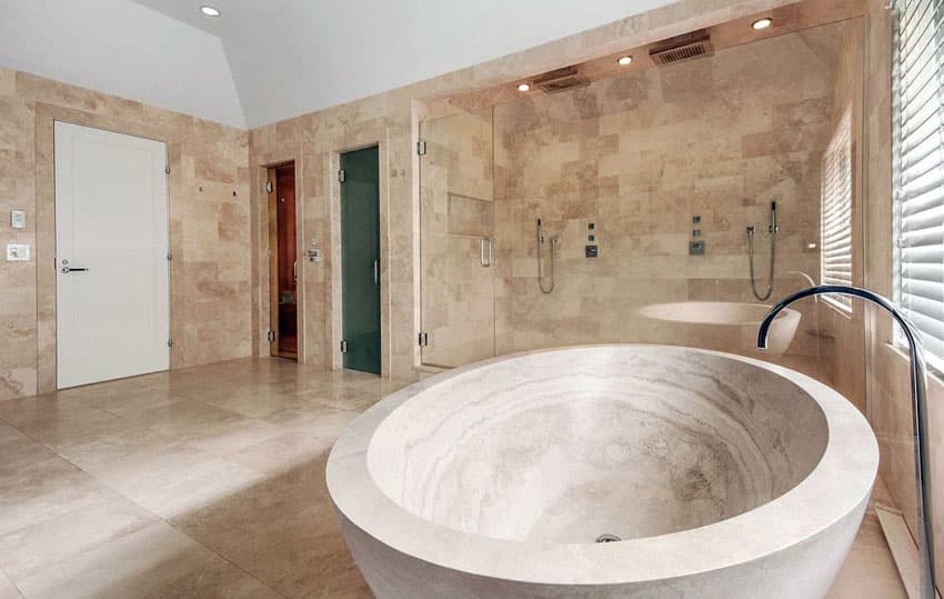 Beautiful Travertine Bathroom With Dual Rainfall Showerheads