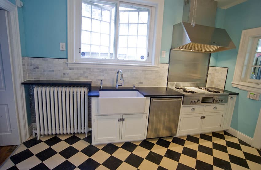 Kitchen with black and white checkered linoleum floor