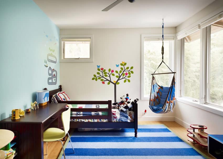 Blue hanging chair in kids room