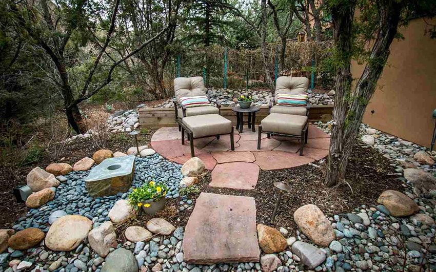 Budget red flagstone walkway with small patio