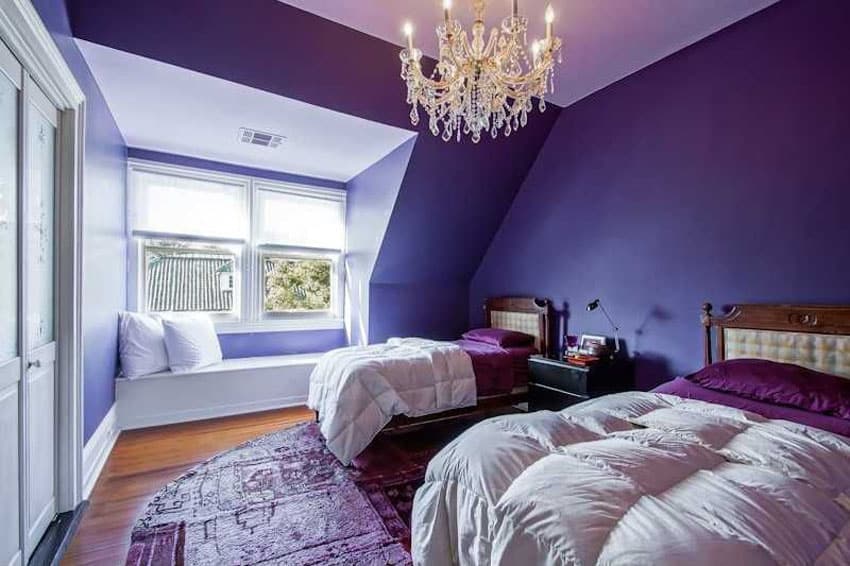 Deep purple bedroom with window seat