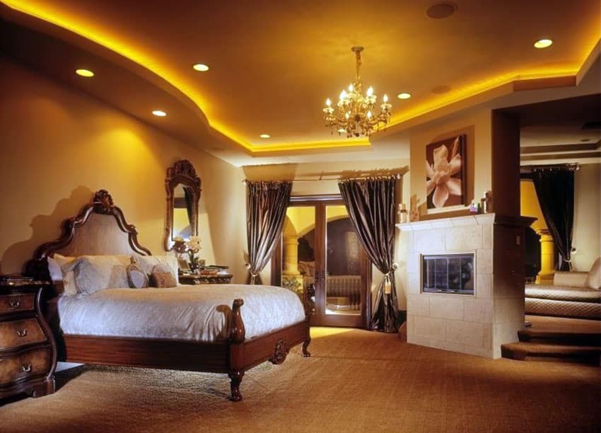 Elegant bedroom with electric fireplace
