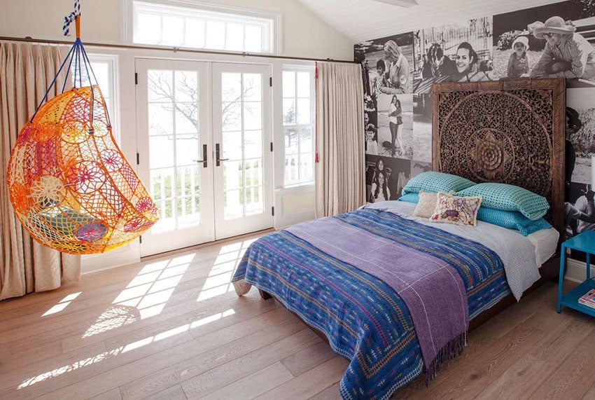 Fun teen bedroom with yarn hanging chair and photo accent wall