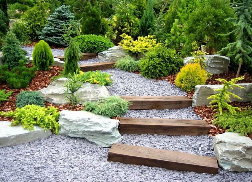 Garden path with gravel and pressure treated lumber