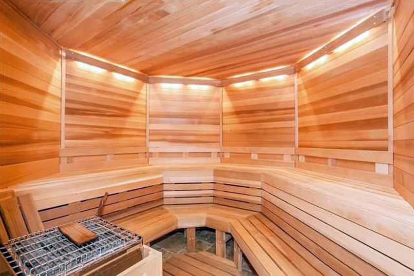 Indoor wood sauna in basement