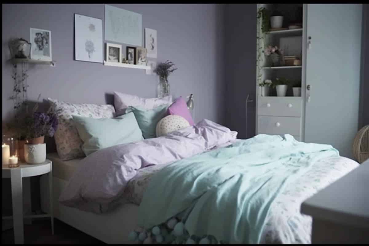 Lilac walls and mint decor bedroom