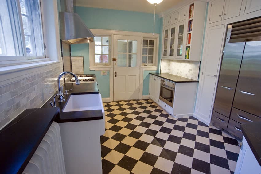 Checkered linoleum floor in kitchen