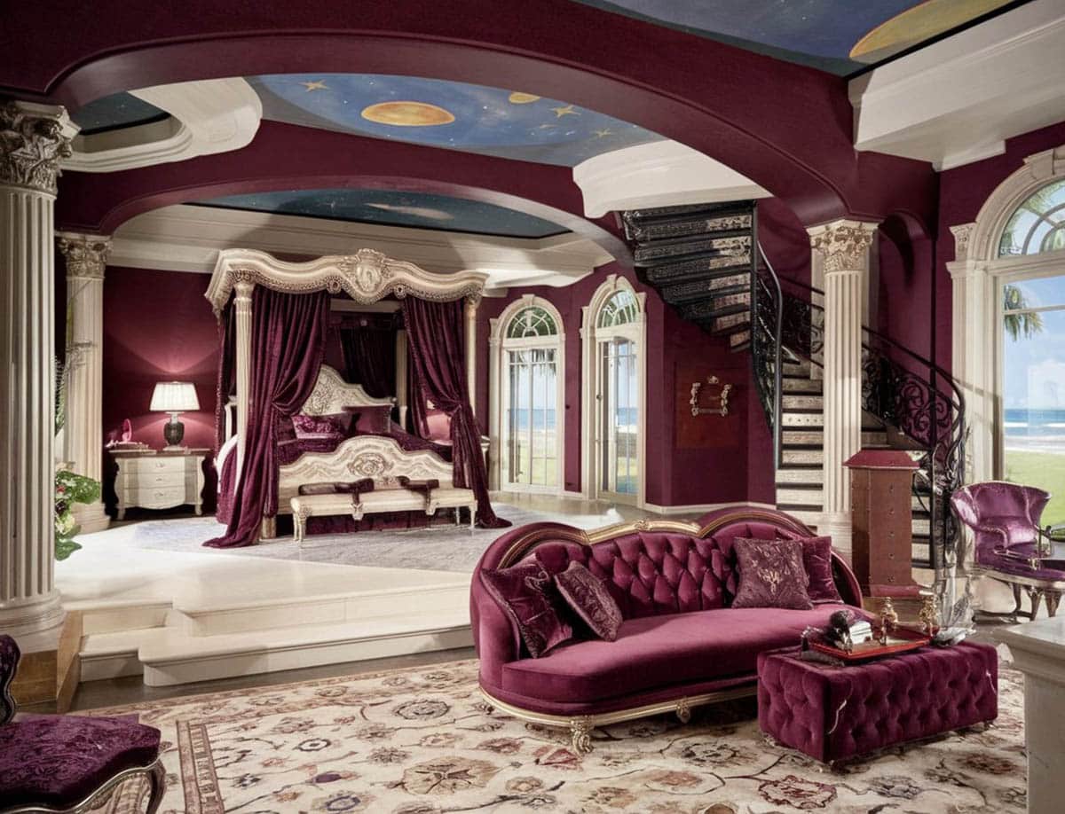 Elegant bedroom with french canopy style bed and purple furniture