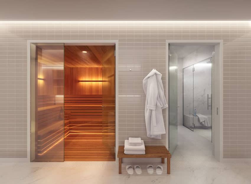 Luxury sauna and marble shower in basement