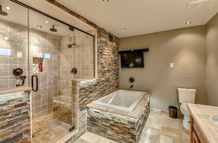 Rustic bathroom with travertine tile shower and rainfall shower heads