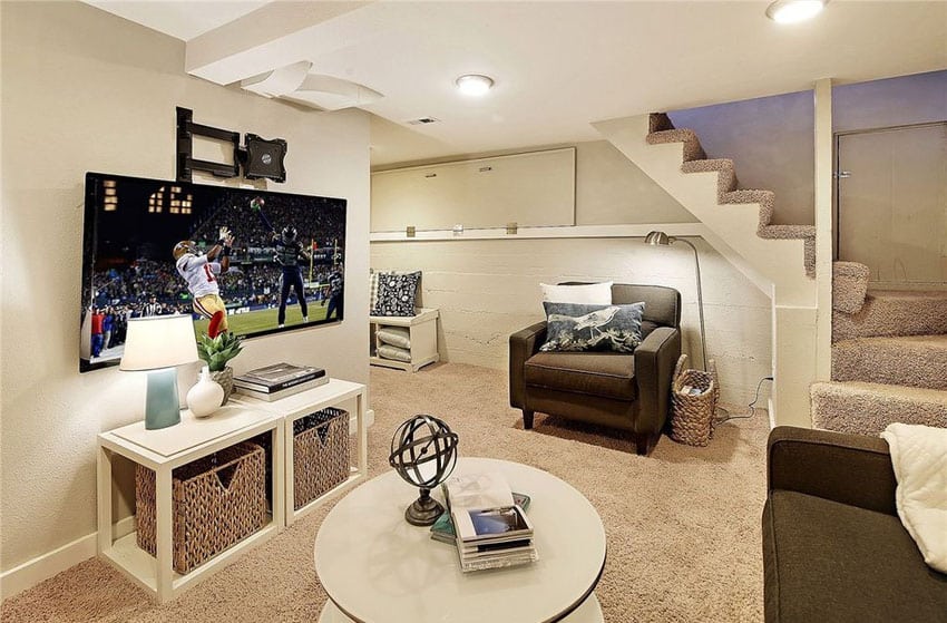 small basement lounge with large screen tv and shag carpet