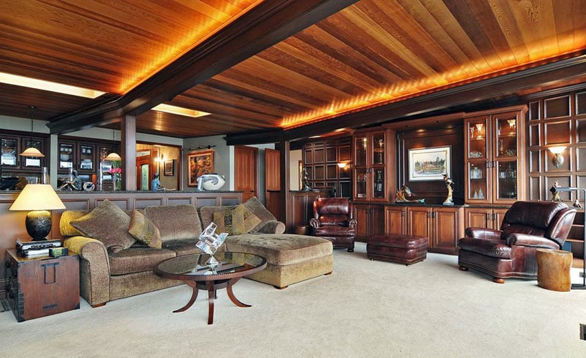 Traditional basement room with wood beams and rustic leather furniture